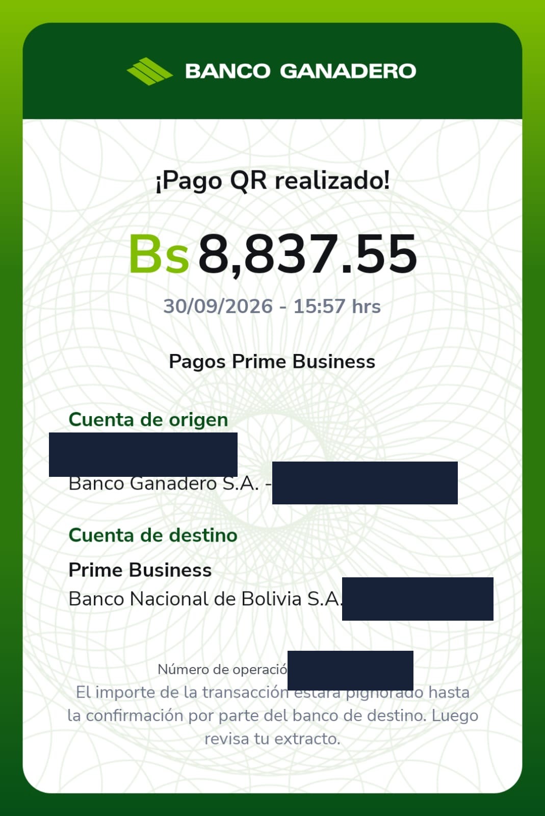 Comprobante Banco Ganadero · QR
